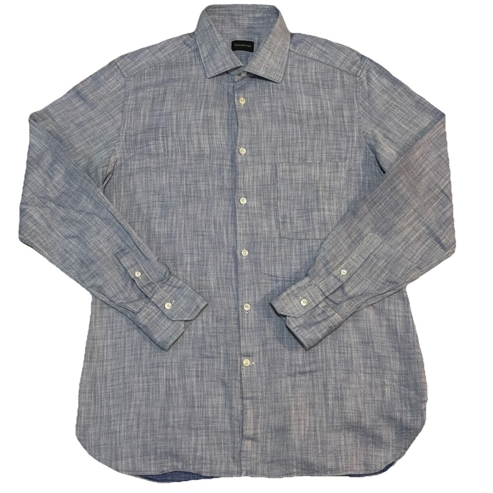 Ermengildo Zegna Men's 42-16.5 Long Sleeve Blue Lightweight Cotton Button Up